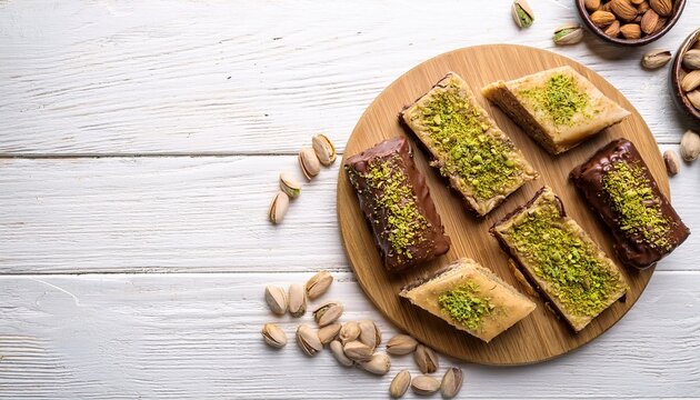 pieces of dubai chocolate bars with pistachios and knafeh on a white wooden table flat lay with copy space