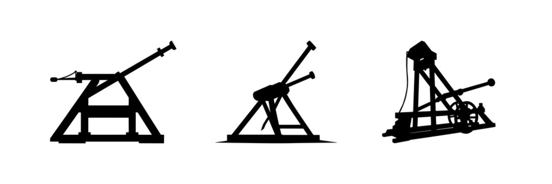 Solid black silhouette of a medieval trebuchet siege engine, historical warfare theme, flat 2D vector, white background. set with simple line art design featuring simple design, minimalist, black a...