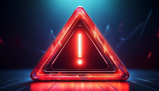 bright red warning triangle with exclamation mark illuminated on a dark background