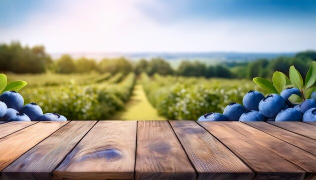 close up of empty wooden table with blurred blueberry farm field background