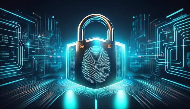 cybersecurity concept with digital padlock and fingerprint scan data protection information security biometric authentication encryption technology firewall shield