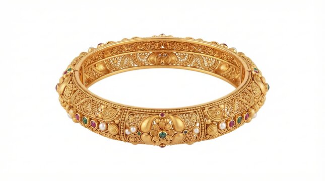 Intricate gold kada bracelet with colored gemstones