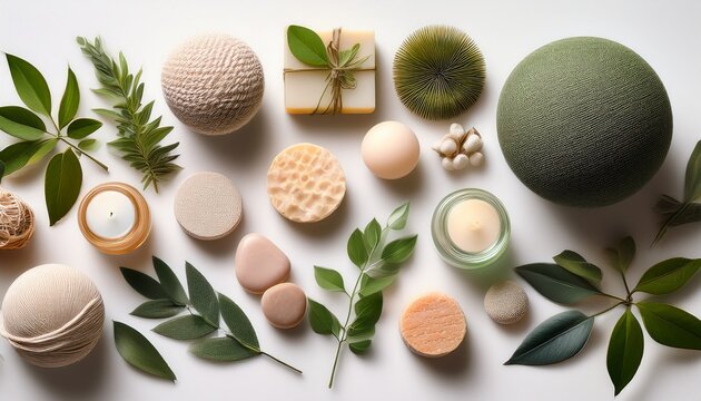 flat lay of assorted wellness spa items including natural soaps decorative spheres and greenery arranged on a light background for a calming aesthetic