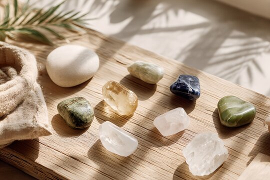 A collection of smooth, polished gemstones and natural crystals arranged on a wooden surface, bathed in soft, dappled sunlight. Palm fronds cast shadows across the composition.