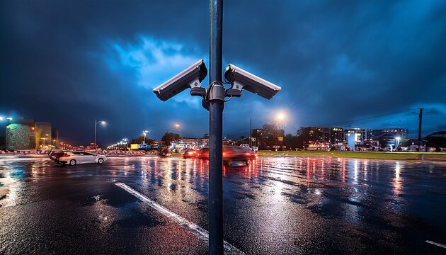 a security camera mounted on a pole watches over a wet urban street parking lot at night with blurred vehicle lights creating a dramatic atmosphere