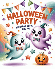Fototapeta premium Whimsical watercolor Halloween party invitation with smiling ghosts, cheerful pumpkin, and vibrant bunting banners