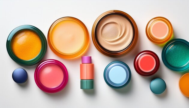 vibrant product flat lay featuring colorful cosmetic containers in various shapes and sizes arranged on a clean white background ideal for beauty and skincare presentations