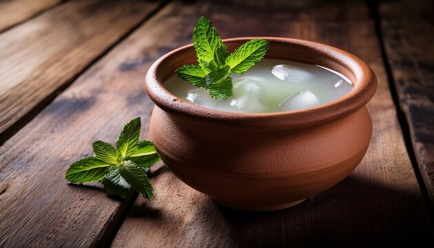 a refreshing glass of chilled sattu drink garnished with mint leaves served in an earthenware cup on a rustic wooden table