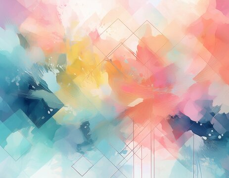 pastel watercolor splashes blend seamlessly with soft geometric overlays creating a futuristic artistic effect
