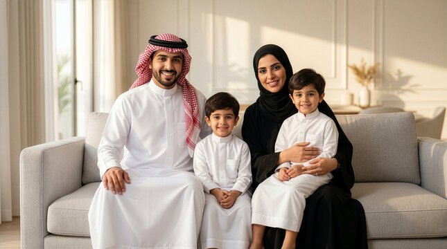 A happy Saudi family with parents and two young sons sits together on a comfortable sofa in a bright modern living room, representing love, family unity, parenting, and the warmth of home life.
