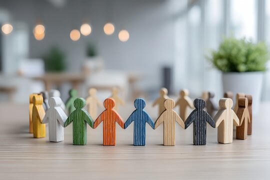 A circle of colorful wooden people figures holding hands on a table, symbolizing unity and community