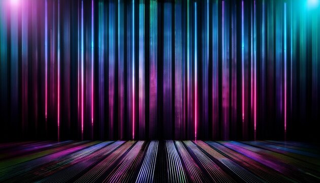 dark stage black background with neon lights on vertical metal bars