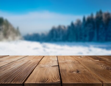 empty wooden table on a blurry background of snowy landscape