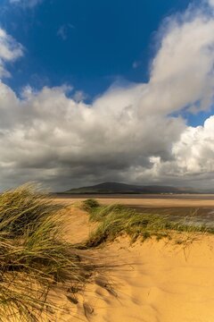 View of sand dunes and distant hills from Roanhead at Sandscale Haws National Nature Reserve in the United Kingdom