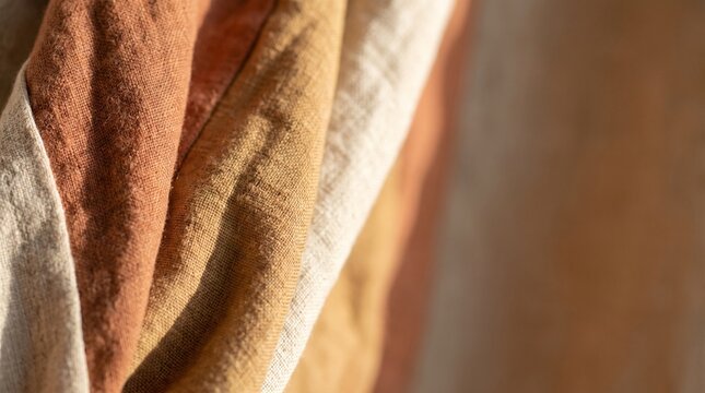 Close up of textured linen fabric folds in warm autumn tones of terracotta brown and beige with soft selective focus