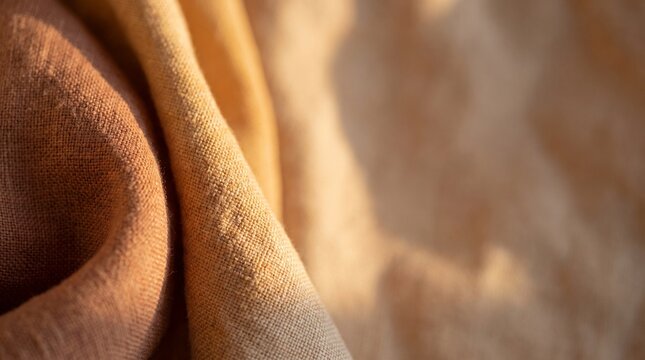 Close up of textured linen fabric folds in warm autumn tones of terracotta brown and beige with soft selective focus