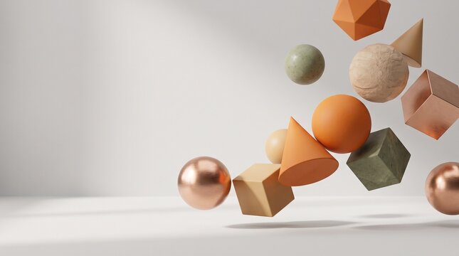 Abstract composition of floating 3d geometric shapes in autumn tones including metallic bronze wood texture and matte orange spheres with copy space