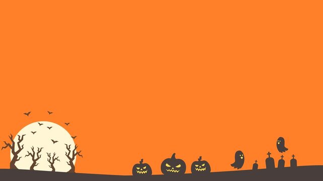 Seamless looping background animation of a spooky cemetery silhouette with swaying jack o lanterns, ghosts, and flying bats with wide orange night sky text copy space. Flat style holiday design