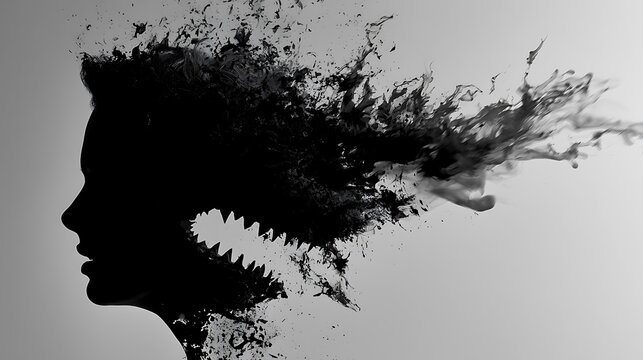 Prompt: A psychological conceptual shot of internal chaos. A sharp silhouette profile of a head is double-exposed with a dynamic, explosive blurred splash of heavy black calligraphy ink blasting 