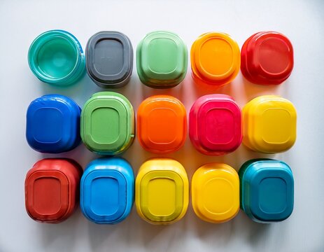 vibrant product flat lay featuring colorful plastic containers in various shapes and sizes arranged on a clean white background with distinct shadows