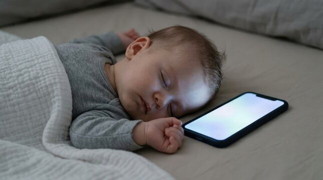 Adorable baby sleeping peacefully in bed with a glowing smartphone illuminated next to their face, illustrating technology impact on infants
