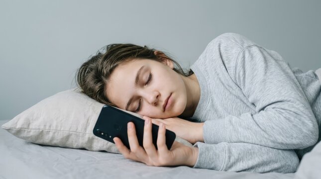 A young woman sleeping peacefully in her bed while holding a smartphone in her hand, captured during a quiet moment of rest at home.