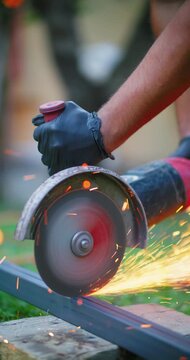 Skilled worker cutting metal with an angle grinder outdoors generating bright sparks
