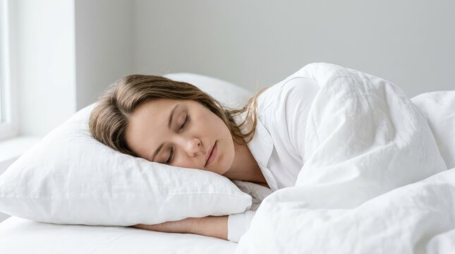 A young woman sleeping peacefully on a white pillow in bed. The soft light coming from a window illuminates her face as she rests comfortably