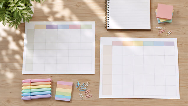 Blank daily schedule planners with pastel stationery on wooden desk. Study organizer for back to school preparation. Productivity planning tool for student and workspace management.