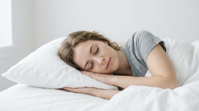 A young woman sleeping soundly on a white pillow, nestled in soft white bedding. Her eyes are closed, and her face is serene and relaxed, suggesting a peaceful slumber