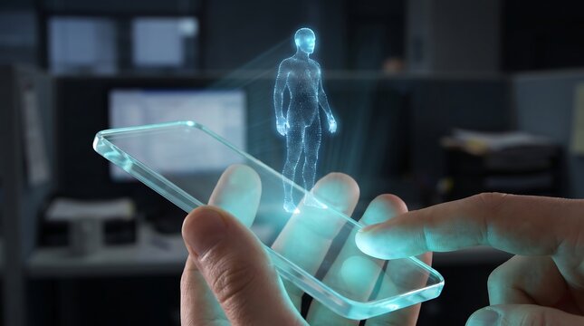 A hand holds a futuristic transparent smart device, projecting a detailed holographic human figure, showcasing advanced interactive technology and the evolving digital future