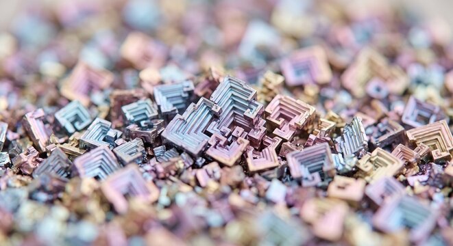 파스텔 빛으로 물든 기하학적 비스무트 결정: 하이엔드 디자인을 완성하는 매크로 텍스처Geometric Bismuth Crystals Tinted in Pastel Light: Macro Texture for High-End Design