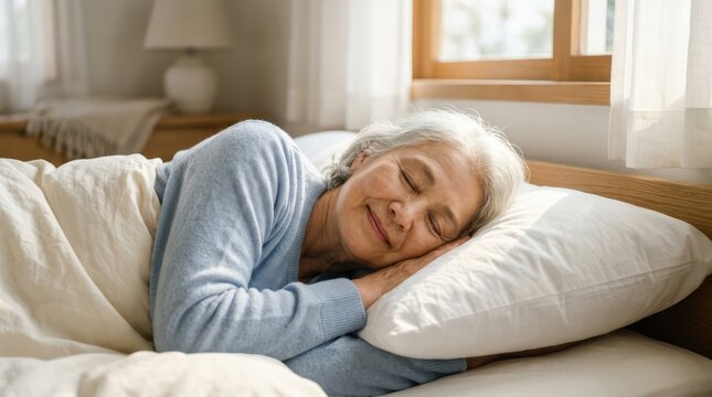An elderly woman with gray hair sleeping peacefully in a comfortable bed. Her eyes are closed and she has a gentle smile on her face, suggesting a restful slumber