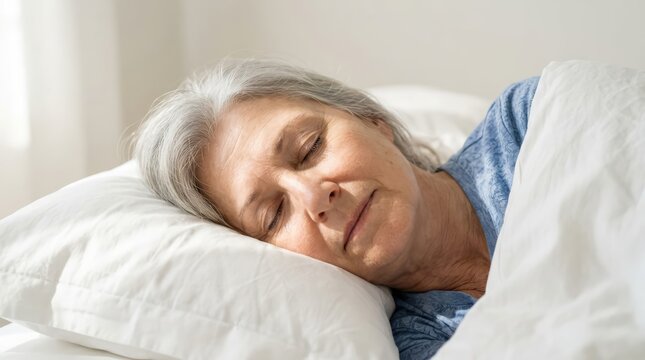 Elderly woman sleeping peacefully in a comfortable bed, bathed in soft, natural light. Her face shows a serene expression, conveying deep rest and tranquility