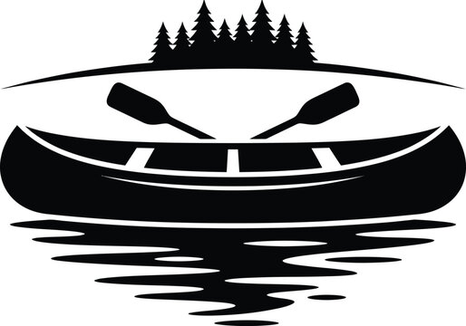Black silhouette of a canoe with paddles and pine trees reflected in water kayak boat