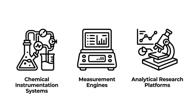 Chemical instrumentation systems and analytical research platforms line icons with chemical instrumentation analytical research platforms measurement laboratory microscope technology analysis