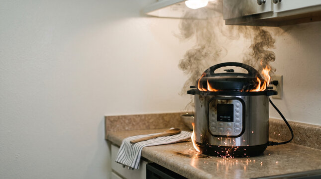 Kitchen appliance fire with sparks and smoke on a countertop