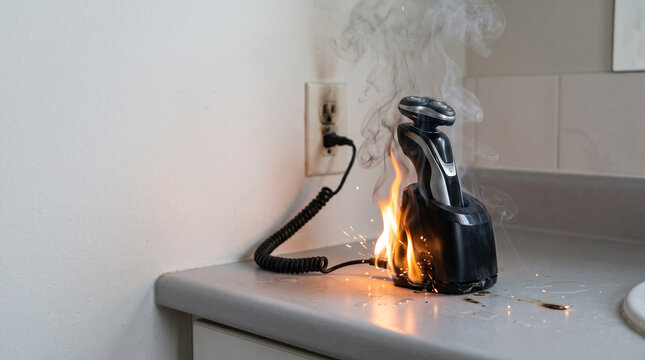 Electrical fire engulfs charging shaver on countertop with smoke and sparks