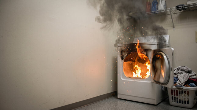 Dryer fire emitting smoke and sparks in laundry room with clothes basket