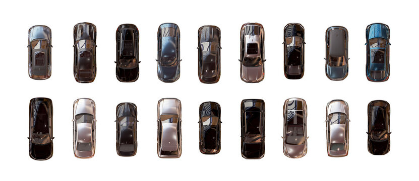 top view of unbranded modern cars with beautiful reflections in the evening light isolated png on a transparent background premium cutout (aerial car set, overhead vehicle cutouts)