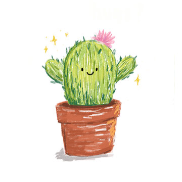 Illustration cute cactus in flowerpot crayon oil pastel style