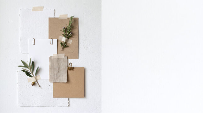 An elegant horizontal flat lay composition featuring a creative mood board with torn-edge papers, kraft envelopes, linen fabric swatches, and fresh rosemary attached to a textured white wall, with ext