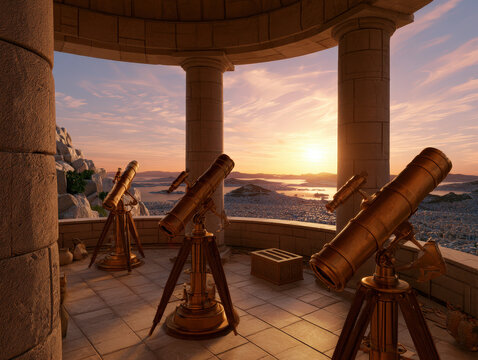 Ancient stone observatory with brass telescopes on a terrace overlooking a Mediterranean city at sunset, warm lighting, photorealistic 8k hyperdetailed