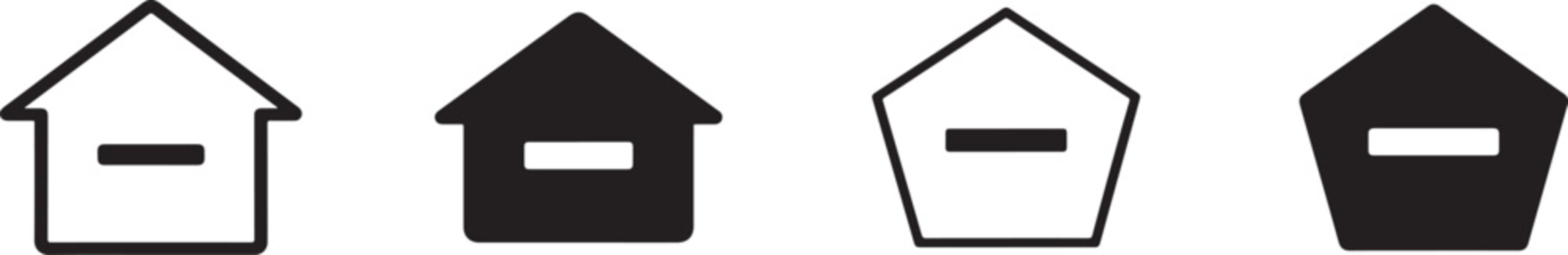 Modern home and pentagon remove icon collection in outline and solid styles for UI and web interfaces.