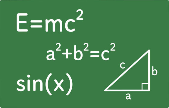 Mathematics, physics formulas, equations, and triangle, green chalkboard background, educational vector graphics
