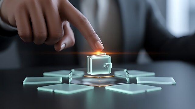Businessman pressing a glowing digital wallet on a holographic interface for mobile payments and financial technology security concepts