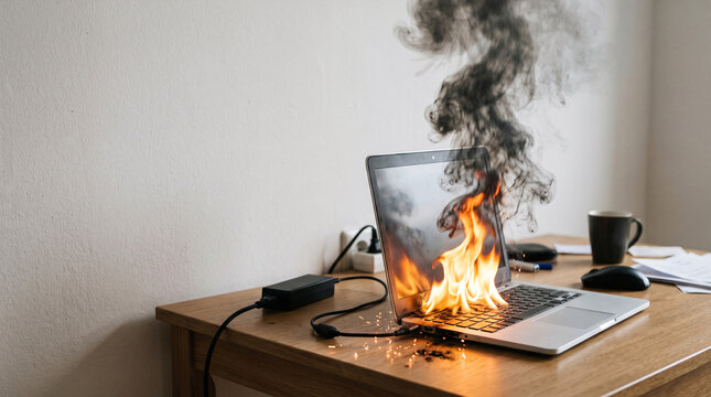 Laptop on desk catches fire, smoke billows upwards, sparks fly
