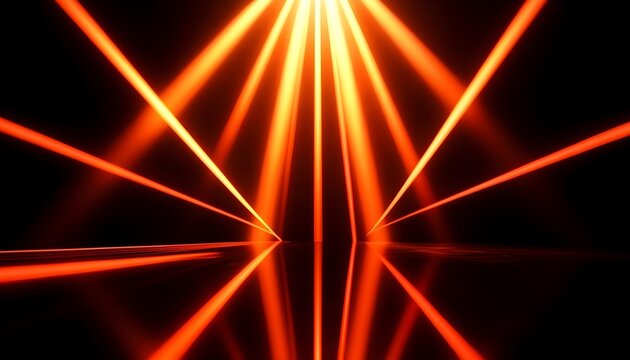 Abstract orange laser beams radiating from a central point on a reflective surface