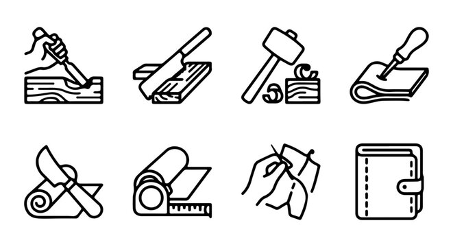Leather Crafting Icons, Hand Tool Set, Wallet Making Symbols, Artisan Workshop Graphics
