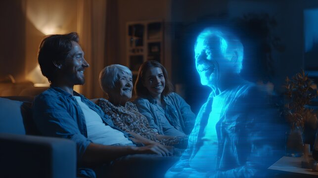 of a family sitting together on a sofa, smiling and conversing with a realistic holographic figure of an elderly ancestor, subtle blue light blending with warm interior tones, clean and modern